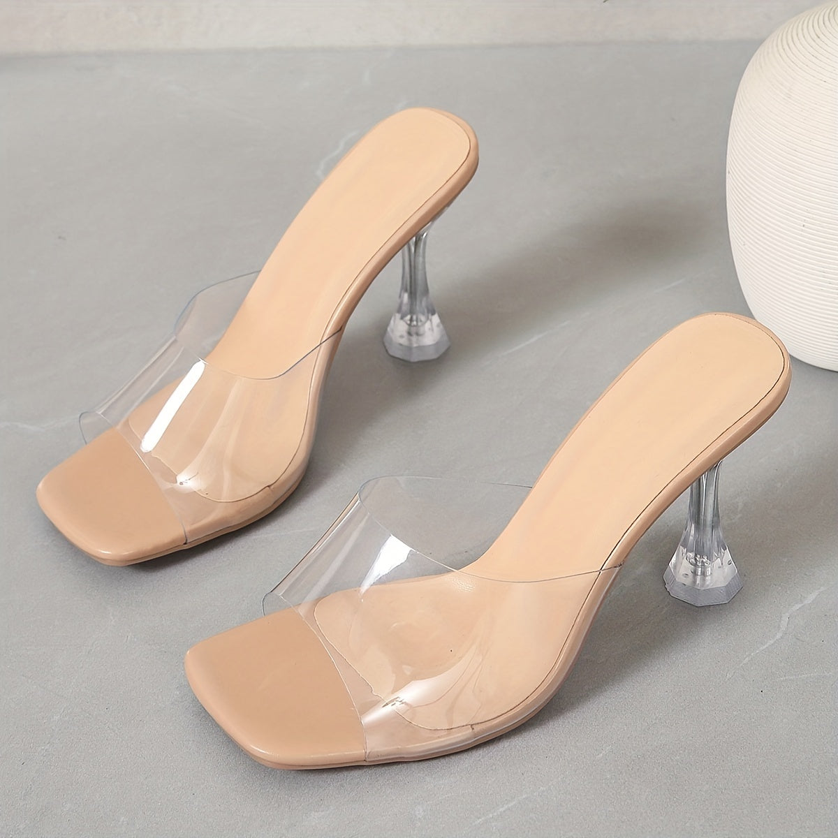 Women's Stiletto Heeled Sandals, Casual Transparent Strap Pumps, Summer Square Toe Dress Heels